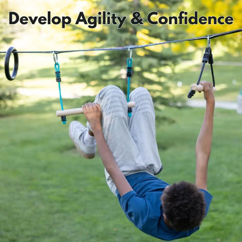 Child using Ninjaline 36 Foot Intro Kit With Seven Hanging Attachments, Ultimate Backyard Ninja Warrior Training Gear For Kids