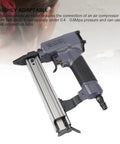 Heavy Duty Pneumatic Brad Nailer With 100 Nail Capacity Air Powered Woodworking Tool For Framing showing connection ports and chuck.