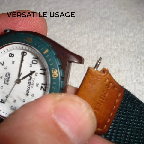 Man holding a watch with a leather strap using Durable Stainless Steel Watch Band Pins And Link Removal Kit with Case 360 Piece Replacement Tool Set.