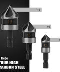 Countersink drill bit set, 3-piece with hex shanks, 12/16/19 mm, 5-flute, high carbon steel