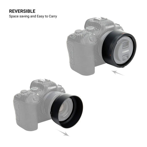 Must Have Reversible ES-65B Lens Hood For RF 50mm F1.8 STM On EOS R6 R5 RP R Cameras shown in both extended and reversed positions.