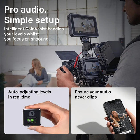 Wireless Pro Compact Wireless Microphone System With Timecode And 32 Bit Float Onboard Recording display with camera setup