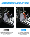 Installation comparison of Premium Wood Grain Gear Shift Knob for Manual and Automatic Vehicles showcasing before and after views.