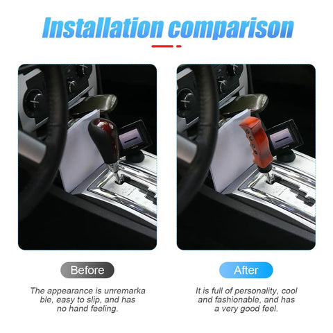 Installation comparison of Premium Wood Grain Gear Shift Knob for Manual and Automatic Vehicles showcasing before and after views.