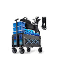 Heavy Duty Collapsible Wagon Cart Workhorse Foldable With Wheels 360 Lb Capacity Portable Folding Utility Shopping Cart With 360 Degree Swivel Brakes And Cup Holders For Outdoor Camping Beach Grocery Garden loaded with gear and boxes.