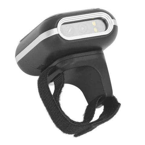 Finger Worn 2D Wireless Barcode Scanner Hands Free Reader for iOS with 500mAh Battery shown from side angle with strap