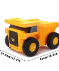 Yellow monster-truck design kids' travel suitcase with wheels; plastic luggage, 41 cm long, 29 cm high, 31.5 cm deep.