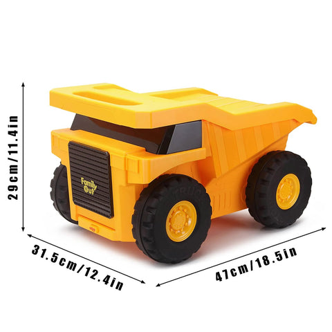 Yellow monster-truck design kids' travel suitcase with wheels; plastic luggage, 41 cm long, 29 cm high, 31.5 cm deep.