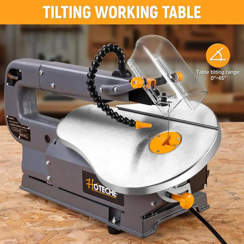 16 Inch Scroll Saw For Woodworking With A Large Tilting Table And Built In Dust Port, side view showing tilting mechanism.