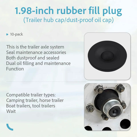 10 Pack Black Rubber Grease Plug Hub Dust Caps for Dexter EZ Lube trailer camper axle, shown installed on a wheel hub