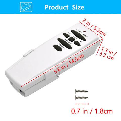 Replacement Ceiling Fan Remote Control 303.9MHz With Reverse Light Dimmer And 3 Speed Wall Mount, dimensions and screws shown