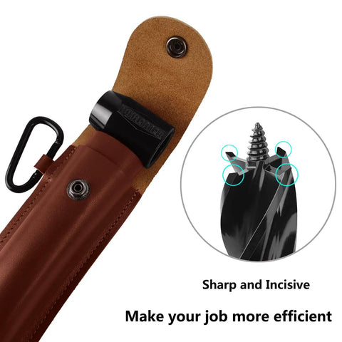 Bushcraft Hand Auger Wrench For Survival And Camping with steel bit in leather bag; detailed view of sharp Scotch Eye Wood Auger Drill Bit.