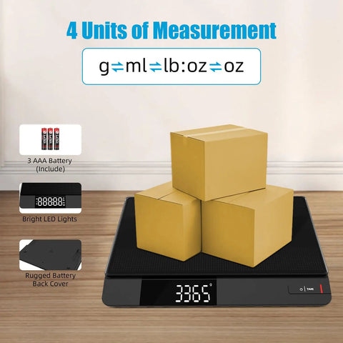 Digital Postal Scale With Backlit LCD Display And Large 10.6 By 9.8 Inch Weighing Platform 15 Kg Capacity Measures In Grams Ounces Pounds And Milliliters Tare Function Auto Off Great For Mailing Cooking And Small Packages showing packages on scale