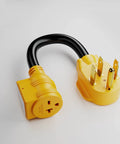 Heavy Duty Nema 14 50P To Nema 6 20R Ev Charging Adapter For Tesla Vehicles With Integrated Surge Protector Breaker showing yellow connectors.