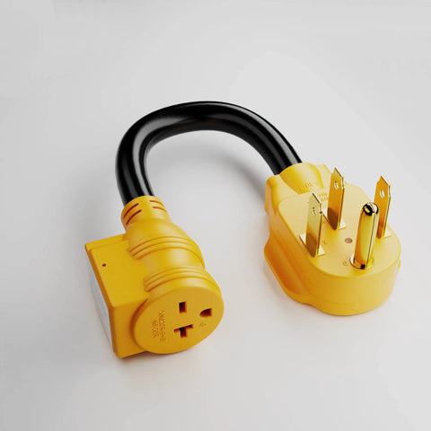 Heavy Duty Nema 14 50P To Nema 6 20R Ev Charging Adapter For Tesla Vehicles With Integrated Surge Protector Breaker showing yellow connectors.