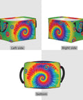 Hella Spacious Waterproof Storage Bin With Rainbow Tie Dye Design, 15x9 inch, featuring carry handles and vibrant swirl patterns.