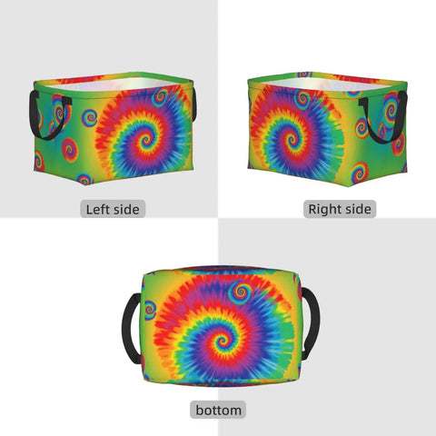 Hella Spacious Waterproof Storage Bin With Rainbow Tie Dye Design, 15x9 inch, featuring carry handles and vibrant swirl patterns.