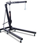 Rock Solid 2 Ton Folding Engine Hoist Cherry Picker Shop Crane Built For Hardcore Garage Swaps Featuring Hella Beefy Steel Frame And 4000 Lb Capacity, showing hoist with hydraulic jack and wheels.
