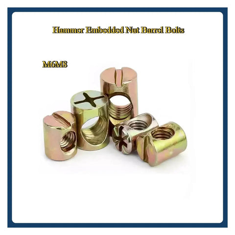 Tough As Nails Barrel Nuts Set For Furniture M6 M8 Cross Dowel Hammer Embedded Nuts Zinc Coated Carbon Steel Display