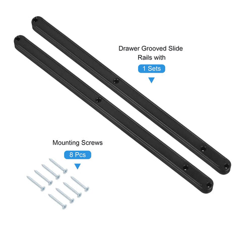 Rock Solid Plastic Drawer Slides Smooth Glide Design With All Included Hardware Side Loaded Grooved Guide Rail Zero Fuss Setup For Cabinet Furniture Bedroom Storage Refresh Black, includes slide rails and screws.