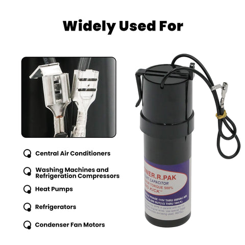 Product image of Hard Start Kit For Air Conditioners With Hard Start Capacitor 115V To 288VAC next to usage icons.