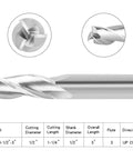 Carbide upcut three-flute router bit with 1/2in shank, 1/2in cutting diameter, and 1-1/4in cutting length (side view)