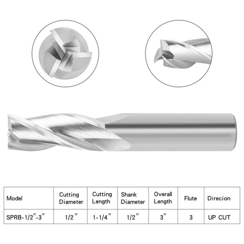 Carbide upcut three-flute router bit with 1/2in shank, 1/2in cutting diameter, and 1-1/4in cutting length (side view)