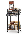Rustic Brown Four Tier Coffee Cart With Smooth Locking Casters And Deep Pod Tray used for organizing coffee supplies and drinks.