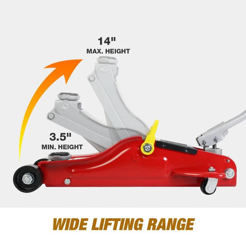 Floor Jack 2.5 Ton Hydraulic Low Profile Trolley Car Jack With Portable Storage Case And Lifting Range 3.5 To 14 Inches 360 Degree Swivel Casters Heavy Duty Steel Built Tough For Automotive Sedans Red showing lifting range