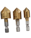 HSS flute chamfering cutters with shanks, 3 pcs; brass heads labeled HSS 19, 16, 12.