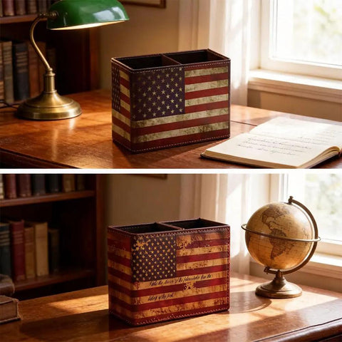 Top Shelf American Flag Desk Organizer Built With Premium PU Leather And Retro Vintage Style That Brings Sick Vibes To Any Room as a pen holder.