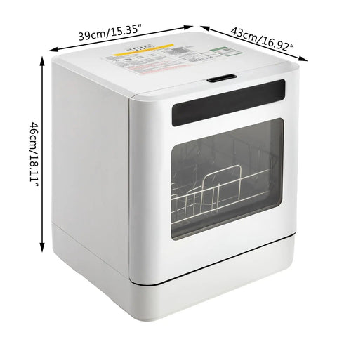 Portable Countertop Mini Dishwasher Featuring Four Quick Wash Cycles And Slick High Heat Sanitizing Plus Seamless Air Dry setup with transparent door.