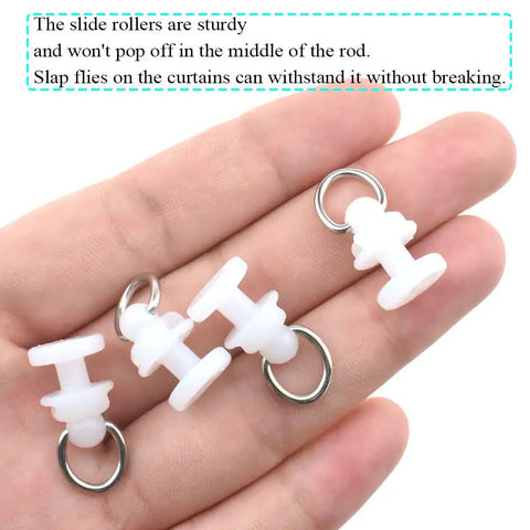 Heavy Duty Ceiling Curtain Track Carriers With Smooth Glide Rollers 11mm Diameter Drape Pulleys Brackets For L Shape And U Shape Tracks Plastic White 50 Pack Ideal For Room Dividers And Drapery Systems, white plastic rollers with metal rings in hand