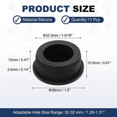 Black silicone T shaped plug with dimensions, part of 11 Pack T Shaped Silicone Plugs 33.3mm Diameter Snap In Hole Seals Round Rubber Stopper For 32 To 33.3mm Holes Kitchen Waterproof Bulkheads Wash Basins Lab Gear Furniture Making Appliances And Aerospace Sealing Applications