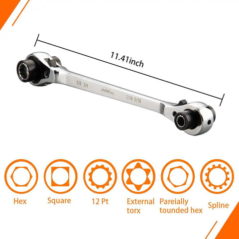 8 In 1 Ratcheting Wrench Set With Double Box End And 12 Point SAE CR-V Build Includes 5/16 3/8 7/16 1/2 9/16 5/8 11/16 3/4 Inch For Auto Home Garage Use Heavy Duty Chrome Plated Tool showing dimensions and head types