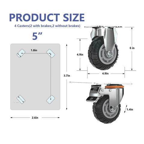 Heavy Duty 5 Inch Caster Wheels With Brake 2200lbs Load Capacity Set Of 4 For Cart Trolleys Furniture And Workbench diagram