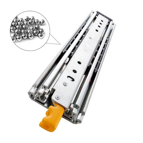 44 Inch Full Extension Drawer Slides Pair with side mount, lock, and quick release feature, showing steel ball bearings detail.