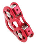 Close-up of red Dual Tandem Zip Line Pulley System With Speed Trolley And Oval Carabiner Ball Bearing Smooth Rotation Up To 35 Meters Per Second.