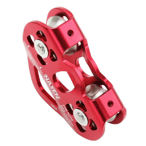 Close-up of red Dual Tandem Zip Line Pulley System With Speed Trolley And Oval Carabiner Ball Bearing Smooth Rotation Up To 35 Meters Per Second.