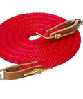 Red Poly Roper Rein Five Eighth Inch By Eight Foot With Soft Break In Feel Water Loops With Leather Laces And Nickel Plated Scissor Snaps