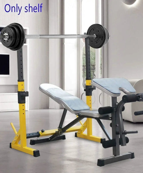 Adjustable Squat Rack And Bench Press Station With Pull Up Bar in home gym setting, featuring yellow frame and weights.
