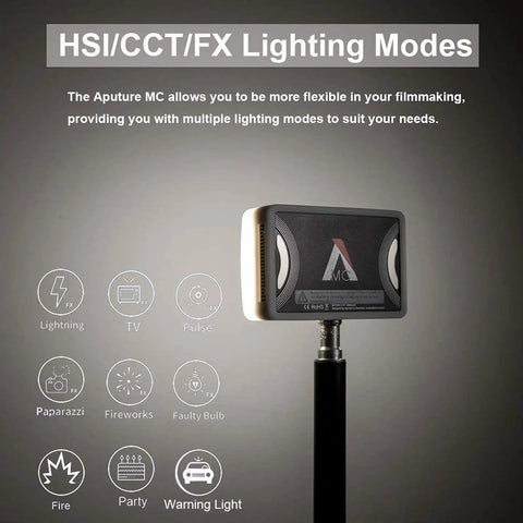 Amaran MC RGBWW Mini On Camera Light With 3200K To 6500K CCT CRI TLCI 96 HSI Color Control showing HSI/CCT/FX modes