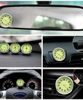 idain car dashboard thermometer; lime-green round dial, 1.57in, clip-on air-vent and dashboard views (Amazon).