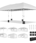 10x20 Heavy Duty Pop Up Canopy With 6 Removable Sidewalls Commercial Wedding Tent And Event Shelter Rustproof Powder Coated Frame Portable Storage Bag Quick Setup For Patio Backyard And Outdoor Use White, shown fully assembled with accessories included.