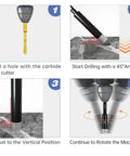 Top Shelf Diamond Drill Bit Set With Hex Shank And Carbide Pilot Bit For Dry Or Wet Use on tile, shows drilling steps on stone.