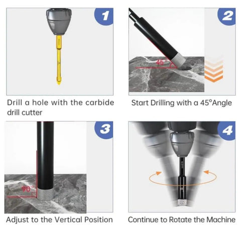 Top Shelf Diamond Drill Bit Set With Hex Shank And Carbide Pilot Bit For Dry Or Wet Use on tile, shows drilling steps on stone.