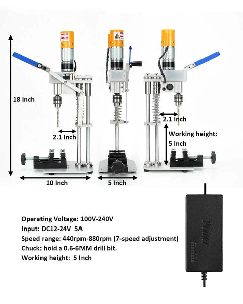 Compact Mini Drill Press Table Packing Beefy Torque And Smooth Variable Speed Controls Made Tough For Real World Woodworking, side view with specs.