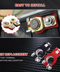 Pure Copper Battery Terminal Connectors Two Pack Heavy Duty Wiring Lugs with red and black durable fittings on battery.