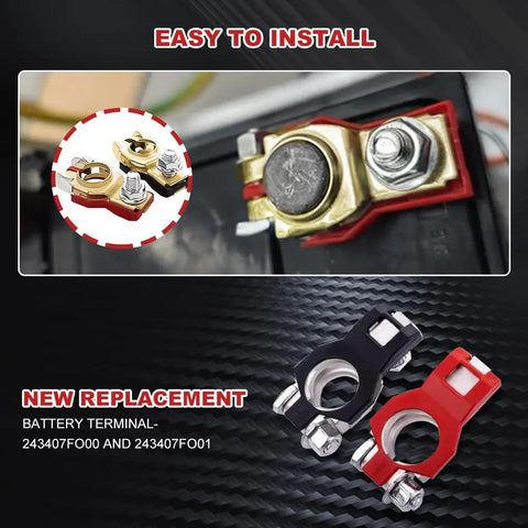 Pure Copper Battery Terminal Connectors Two Pack Heavy Duty Wiring Lugs with red and black durable fittings on battery.