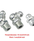 12 Pack Stainless Steel Grease Fittings Kit With 4 Straight, 4 90 Degree, And 4 45 Degree M8 Zerk Fittings, close-up view